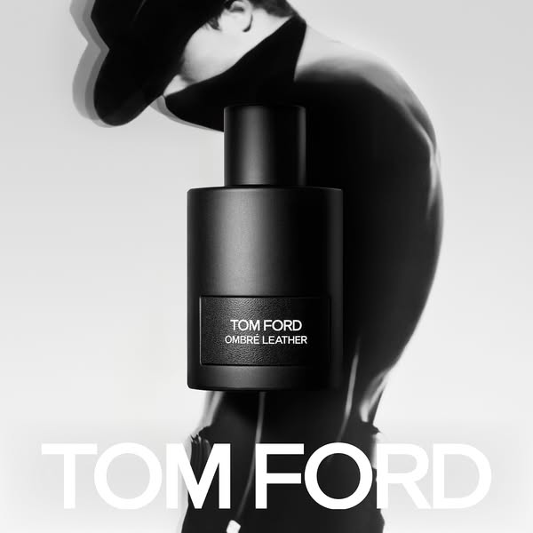 This ad showcases Tom Ford's Ombre Leather fragrance in a monochromatic setting. It uses a human silhouette in the b