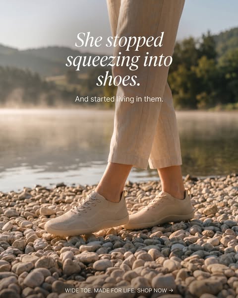 This image ad features a pair of neutral-colored shoes being worn while walking on a rocky shoreline. The ad emphasizes 