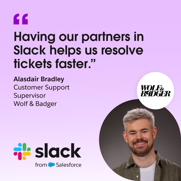 The ad promotes Slack as a tool to help partners resolve tickets faster. It features a quote from a customer in a box wi