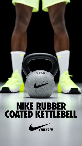 This ad showcases the Nike Rubber Coated Kettlebell, emphasizing its strength and design. The visual elements focus on t