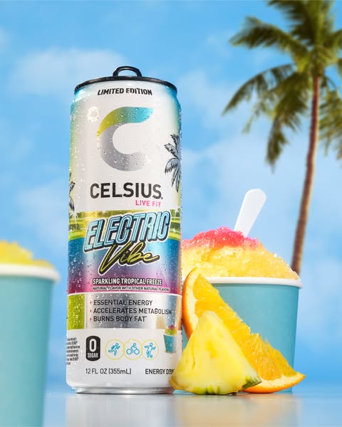 This ad features Celsius energy drink, emphasizing its Electric Vibe flavor, essential energy boost, and benefits such a