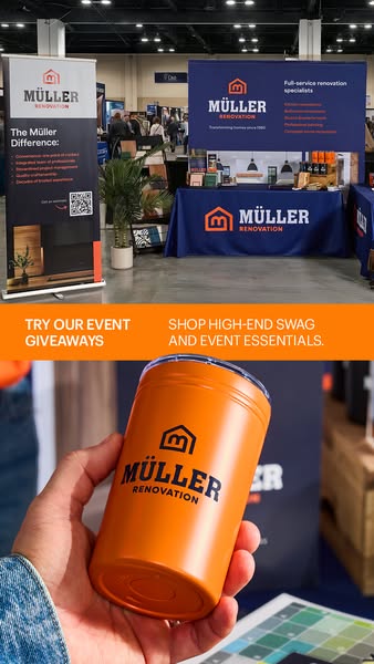 This ad is for Müller Renovation and promotes their brand through event giveaways and branded merchandise.