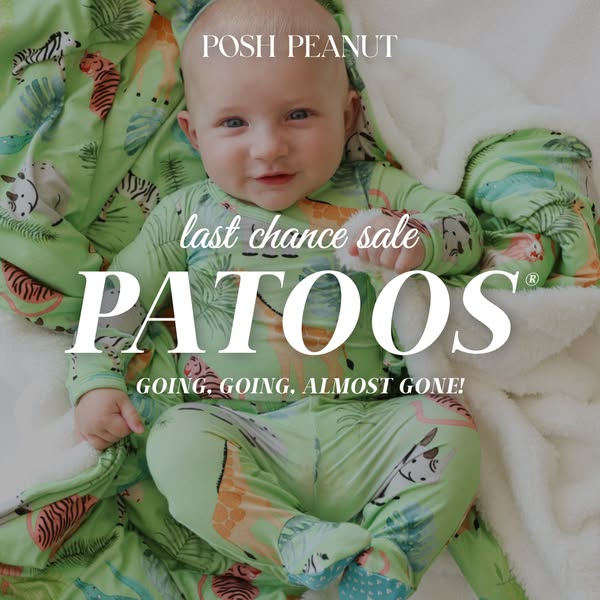 An ad for Posh Peanut featuring a baby wearing a Patoos set with a jungle animal print. The ad promotes a sale on Patoos