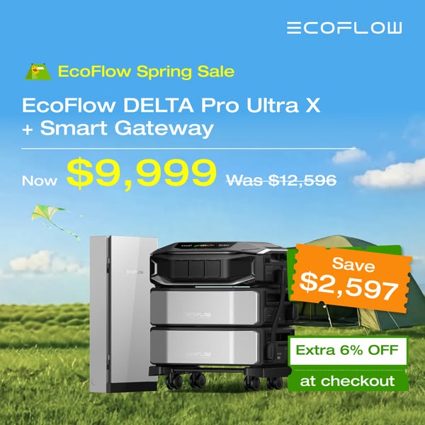 This image ad promotes the EcoFlow DELTA Pro Ultra X + Smart Gateway as part of the EcoFlow Spring Sale, offering a disc