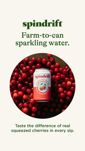 This image ad for Spindrift sparkling water uses a visually appealing layout of fresh cherries to showcase the product&#
