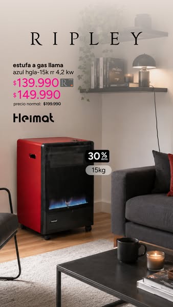 This image ad from Ripley features a Heimat gas heater in a staged living room setting. The ad highlights a discount of 