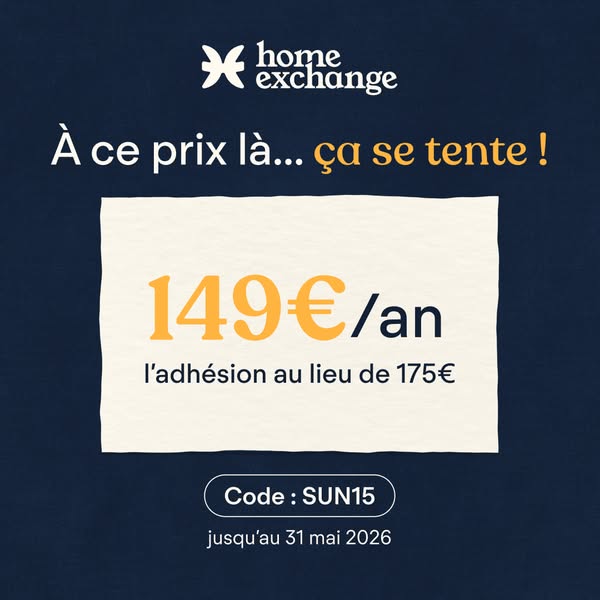 This ad features a discount offer from HomeExchange on their membership fee. The original price is crossed out, and the 