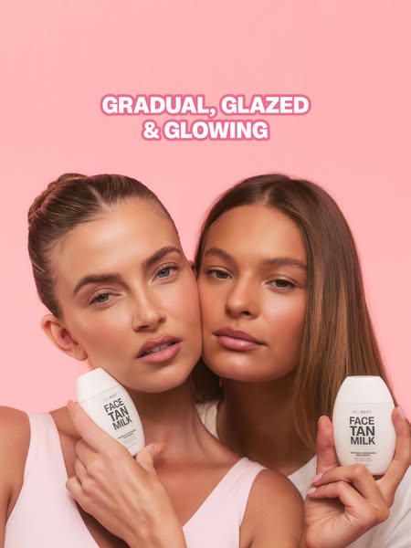 This ad promotes a face tan milk. The ad features two young women with bronzed skin, each holding the product. The headl