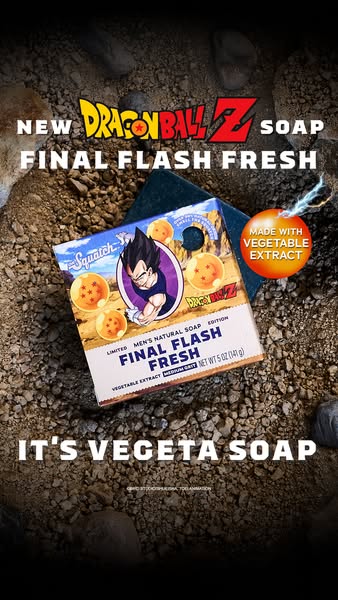 This ad showcases a Dragon Ball Z themed soap by Squatch Soap. The soap is displayed prominently on a rock surface. Text