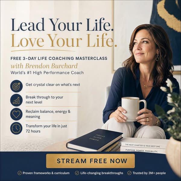Image ad promoting a free 3-day life coaching masterclass with Brendon Burchard. The ad highlights key benefits such as 