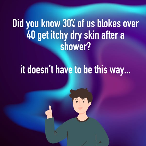 This image ad highlights the problem of itchy, dry skin after showering, targeting men over 40, and suggests a solution.