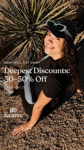 An image ad for Tentree clothing featuring a woman wearing the brand and advertising a Memorial Day sale with a discount