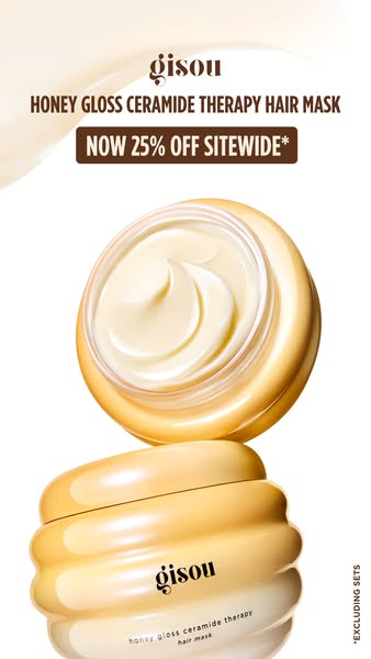 This ad showcases Gisou's Honey Gloss Ceramide Therapy Hair Mask. It highlights the product's packaging and anno