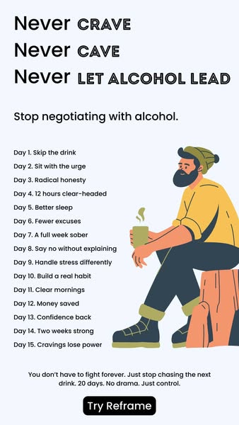 The ad promotes Reframe as a tool to help people stop negotiating with alcohol. It shows a list of the first 15 days of 