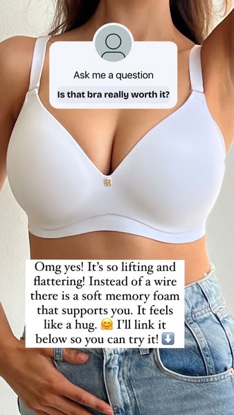 This ad features a woman wearing a bra and answering the question of whether the bra is worth it. She responds positivel