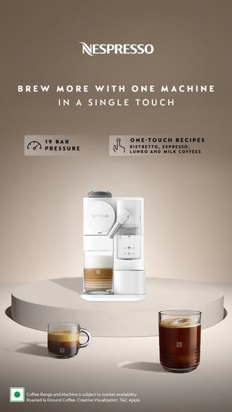 This ad showcases the Nespresso coffee machine, highlighting its ability to brew various coffee types with a single touc