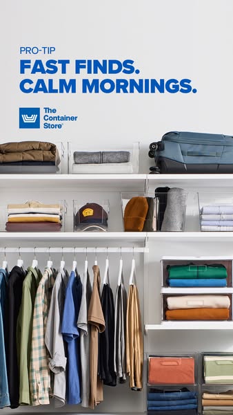 The ad showcases a well-organized closet using The Container Store's products, emphasizing the benefits of quick acc
