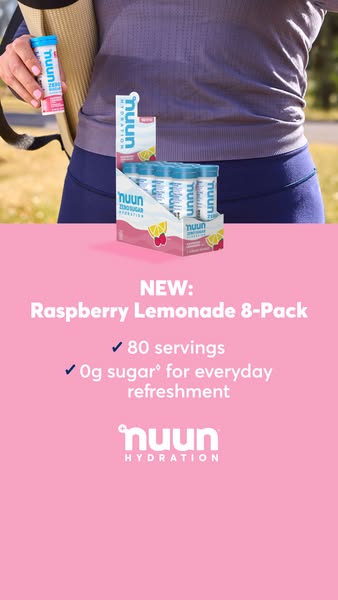 This ad for Nuun Hydration promotes their new Raspberry Lemonade 8-pack, highlighting its 80 servings and zero sugar con