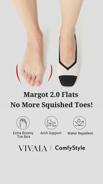 The ad showcases VIVAIA's Margot 2.0 Flats, emphasizing their comfort and spacious toe box. The visuals and text hig