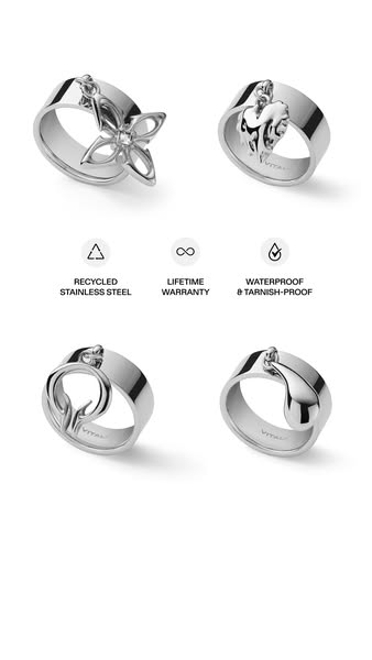 This ad features four rings from Vitaly in a grid layout with a simple white background, highlighting the brand's co