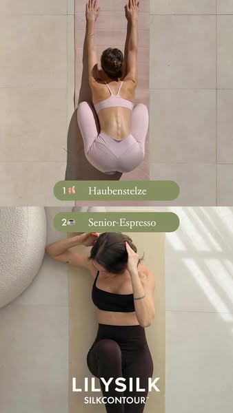 This ad uses a split screen to compare two different athleisure outfits by LILYSILK, highlighting different design detai