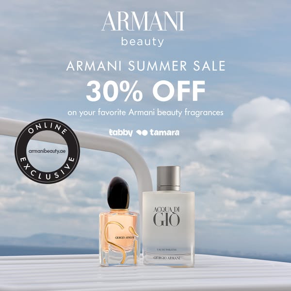 This image ad for Armani Beauty promotes a summer sale of 30% off on Armani beauty fragrances. It features two perfume b