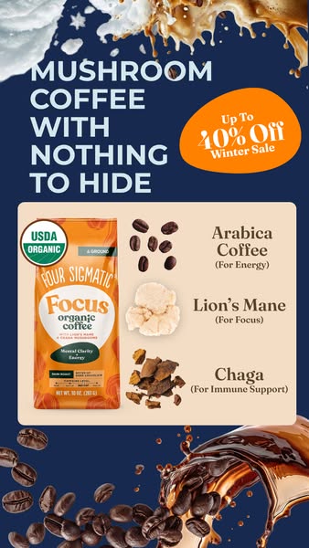 This ad for Four Sigmatic mushroom coffee highlights the key ingredients, the benefits that come from those ingredients,