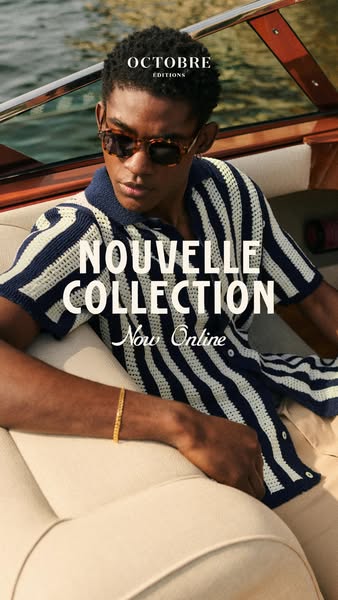 This image ad presents a new collection from Octobre Editions, showcasing a model wearing a striped knit shirt in a styl
