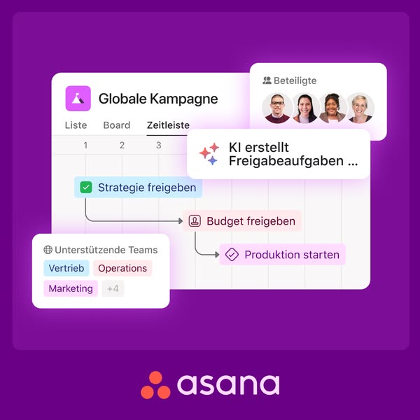 This ad for Asana highlights the platform's ability to manage global campaigns by showing a sample project timeline 