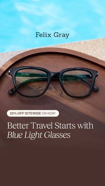 This image ad for Felix Gray promotes blue light glasses and a site wide discount. The glasses are positioned as benefic