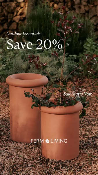 An image ad showcasing Ferm Living outdoor planters with a 20% off sale.