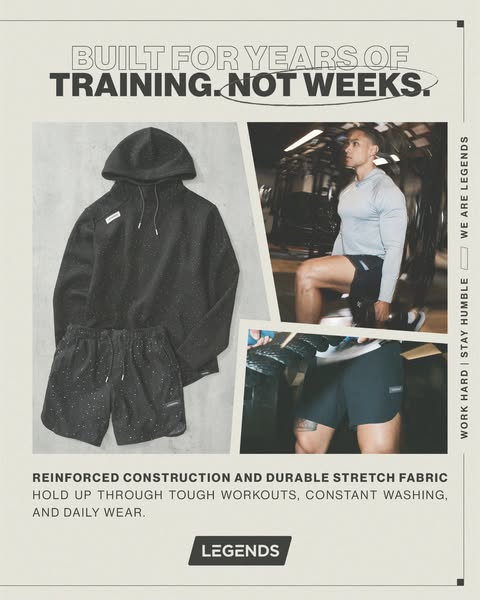 This ad highlights the reinforced construction and durable stretch fabric of Legends athletic wear, designed to withstan