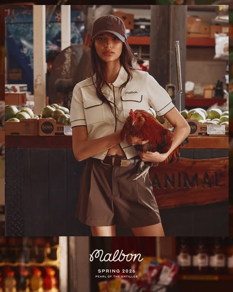 This ad features a woman in a farm-like setting holding a live rooster. She is wearing apparel from the Malbon Spring 20