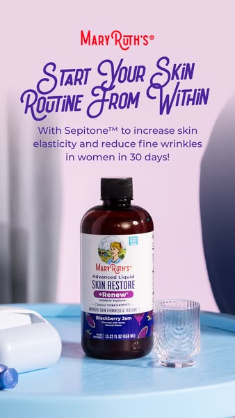 This single image ad for Mary Ruth's advertises their Advanced Liquid Skin Restore + Renew, Blackberry Jam flavor, p