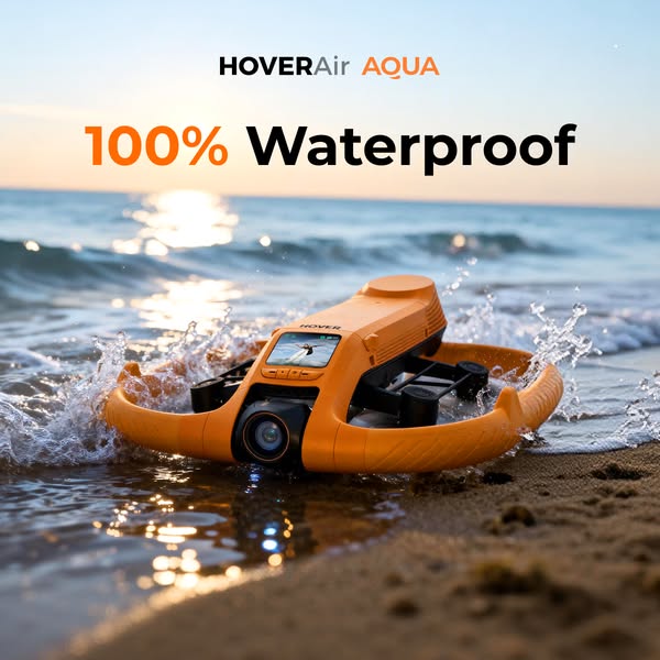 This image shows the HoverAir Aqua drone sitting on the sand with the ocean in the background. The ad highlights the wat