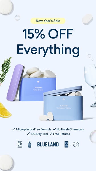 This image ad promotes Blueland cleaning products with a New Year's sale offering 15% off everything. The ad showcas
