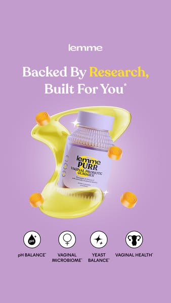 This ad promotes Lemme Purr Vaginal Probiotic Gummies using a product-focused visual that showcases key product benefits