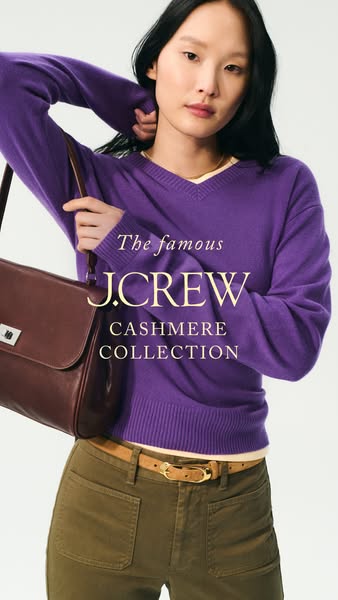 This image ad showcases J.Crew's Cashmere Collection with a focus on a purple V-neck sweater. The ad aims to highlig