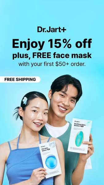 This image ad promotes Dr.Jart+ face masks and offers an incentive for new customers by offering 15% off and a free face