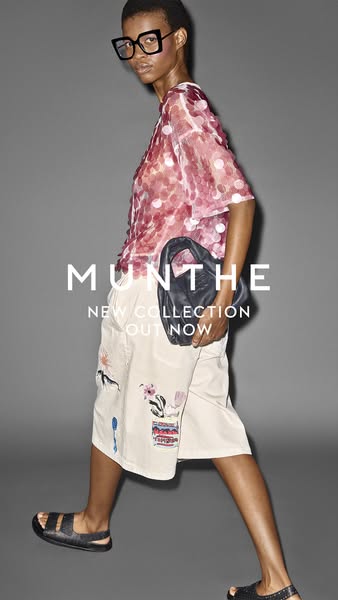 This ad showcases a model wearing various items from Munthe's new collection. The model is shown in motion, and the 