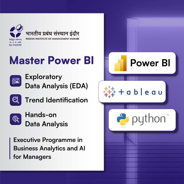 The ad promotes a Master Power BI program at the Indian Institute of Management Indore, highlighting exploratory data an