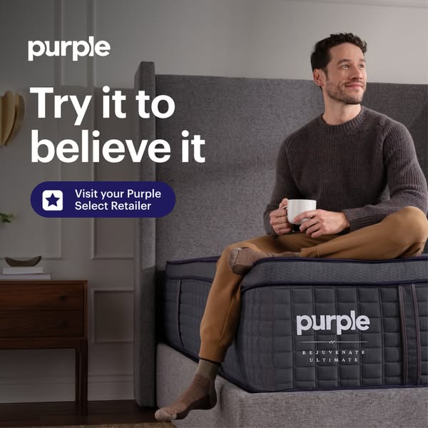 This image ad for Purple features a man sitting on a Purple mattress while drinking coffee, encouraging viewers to '