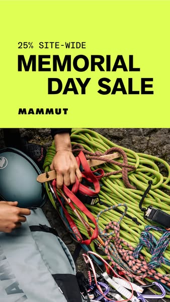 This image ad for Mammut promotes a 25% off site-wide Memorial Day sale. The image features climbing equipment, includin