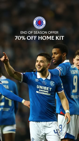 This image ad promotes an end-of-season sale for the Rangers Football Club home kit, offering a 70% discount.