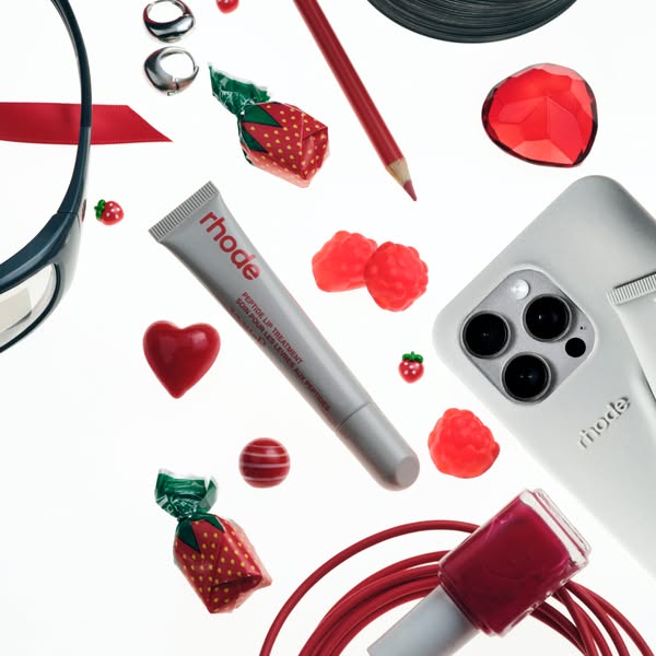 This image promotes Rhode's Peptide Lip Treatment alongside a variety of red-themed decorative elements.
