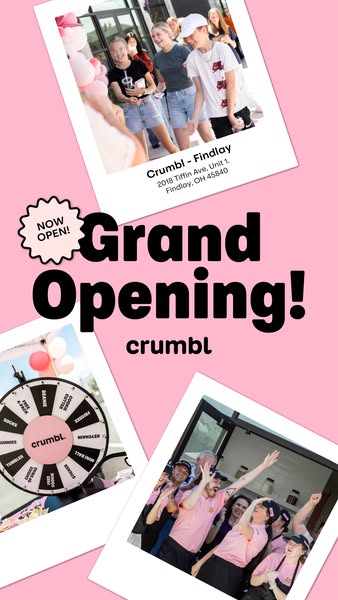 This ad is for the grand opening of a Crumbl Cookies location. The ad features three photos arranged asymmetrically on a