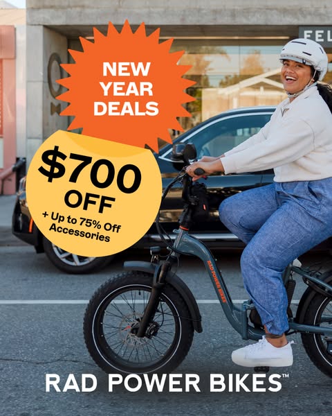 This ad by Rad Power Bikes features a woman riding one of their e-bikes in an urban setting. A burst shape highlights Ne