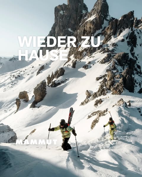 This image ad for Mammut features two skiers hiking up a snowy mountain. The ad emphasizes the feeling of returning to t