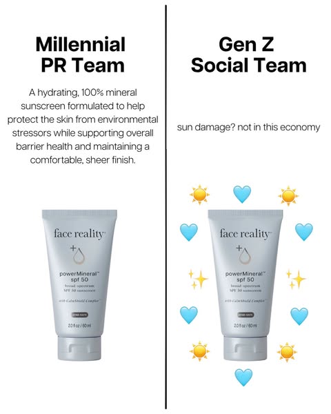 This ad compares the brand's marketing approach to Millennial and Gen Z audiences using an image that is split into