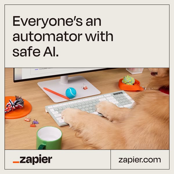 The ad features a dog resting its paws on a computer keyboard. The ad implies that with safe AI, anyone can automate tas